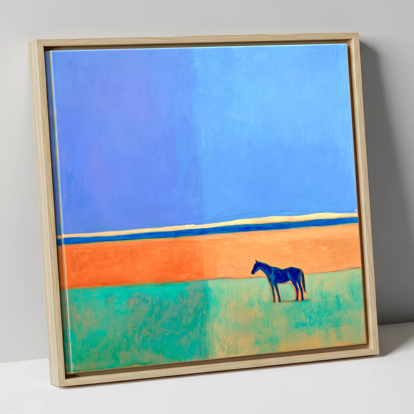 Cobalt Horizon horse landscape canvas wall art in natural frame