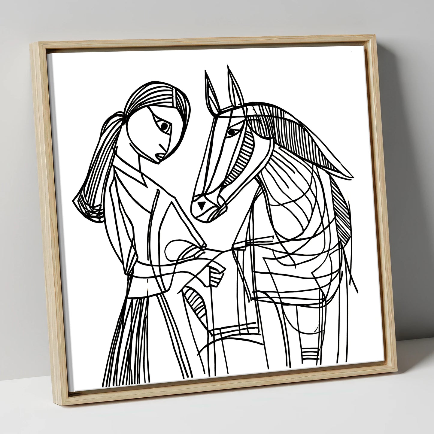 Lines of Connection horse & rider canvas wall art in natural frame