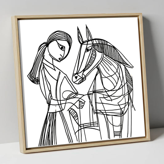 Lines of Connection horse & rider canvas wall art in natural frame