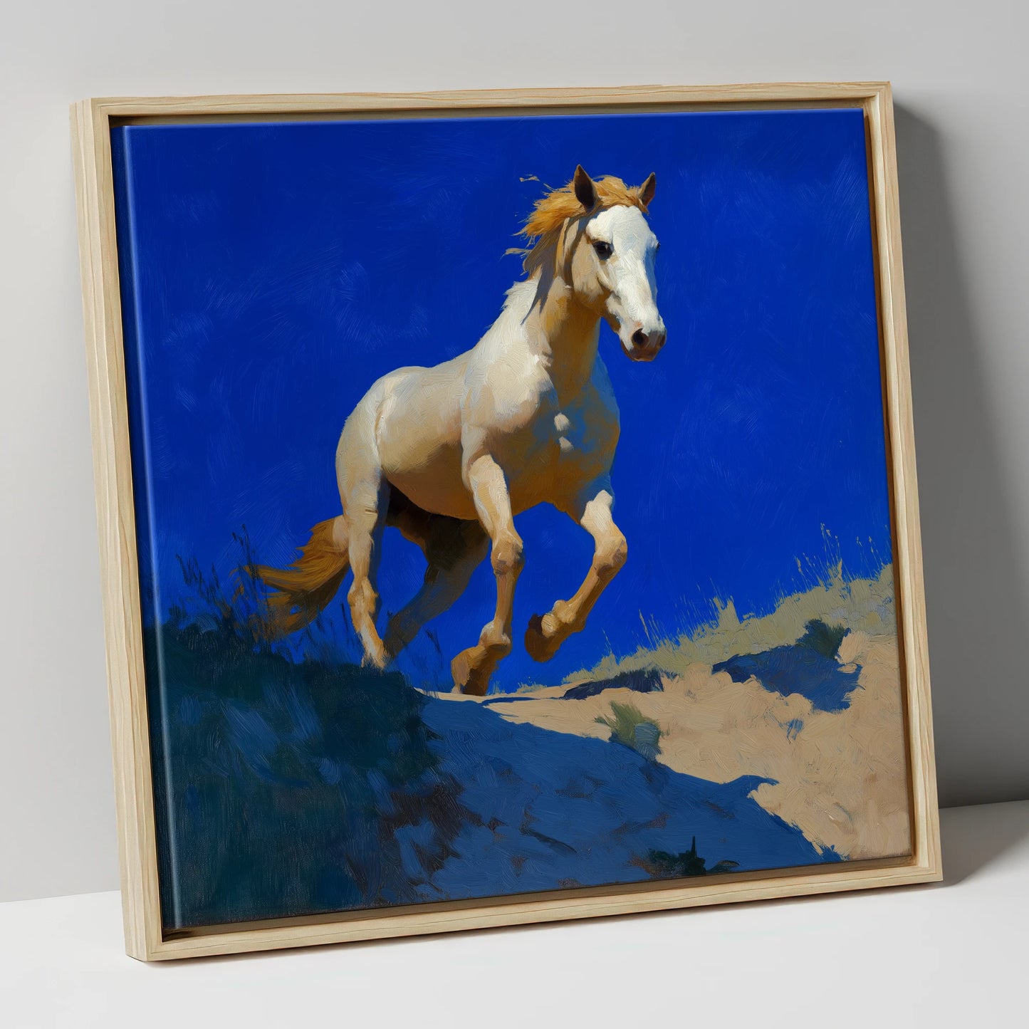Sunlit Ascent wild horses canvas wall art in natural frame