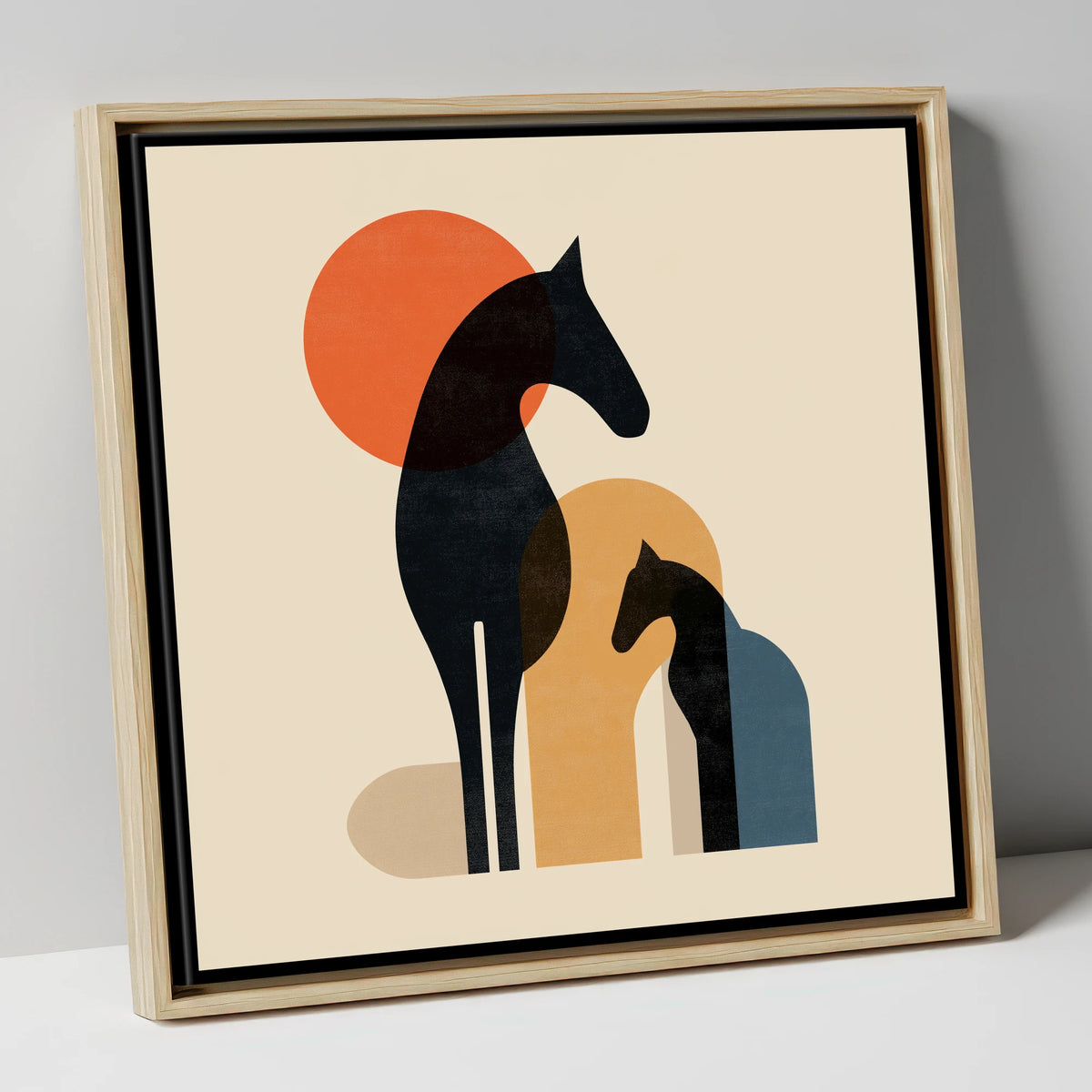 Retro Geometric Black Horse Silhouette horse & rider canvas wall art in natural frame