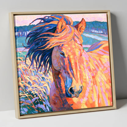 Vibrant Windblown Horse Portrait horse breed canvas wall art in natural frame