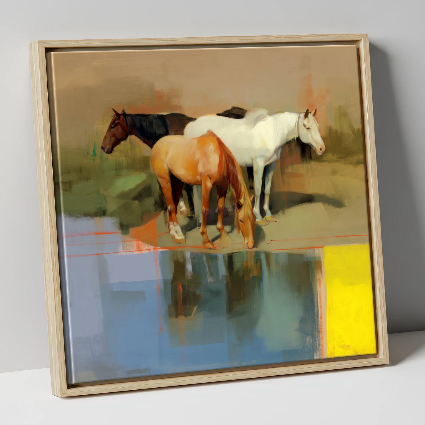 Vibrant Equine Reflections wild horses canvas wall art in natural frame