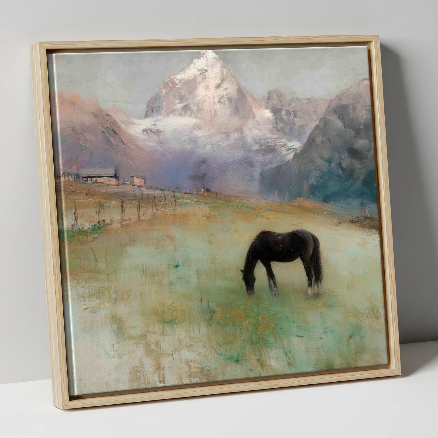 Alpine Pasture Solitude horse landscape canvas wall art in natural frame