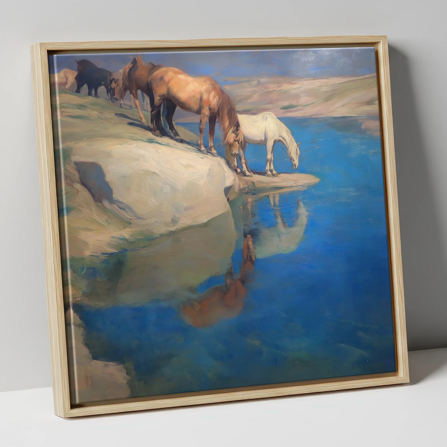 The Azure Watering Hole wild horses canvas wall art in natural frame
