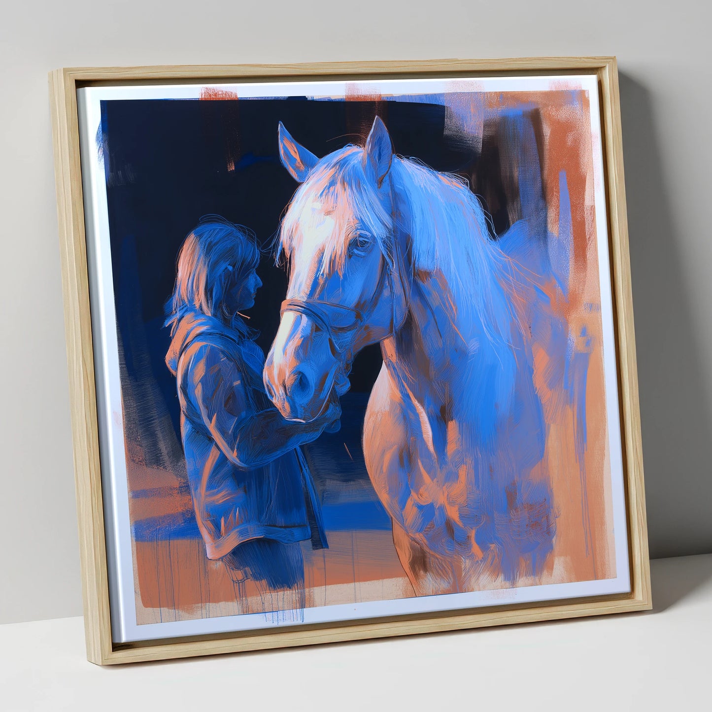 The Cobalt Bond horse & rider canvas wall art in natural frame