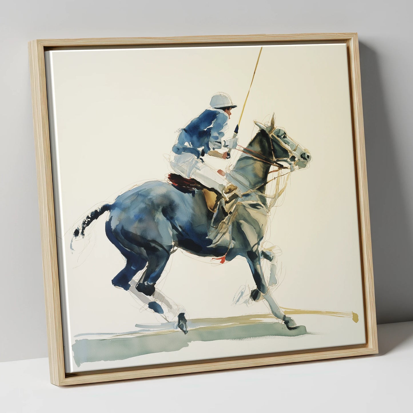 Mid-Chukka Momentum polo horse canvas wall art in natural frame