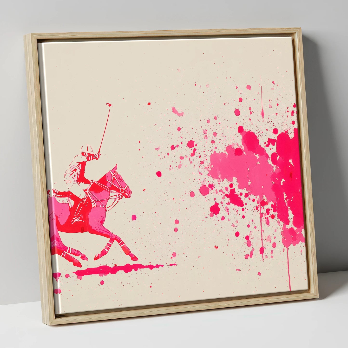 Magenta Polo Strike polo horse canvas wall art in natural frame