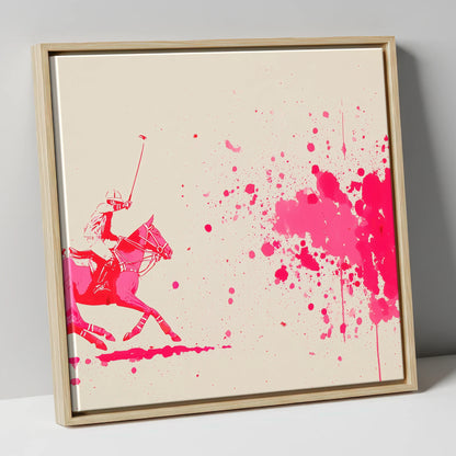 Magenta Polo Strike polo horse canvas wall art in natural frame