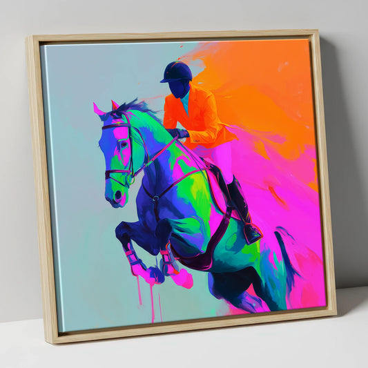 Technicolour Flight show jumping horse canvas wall art in natural frame