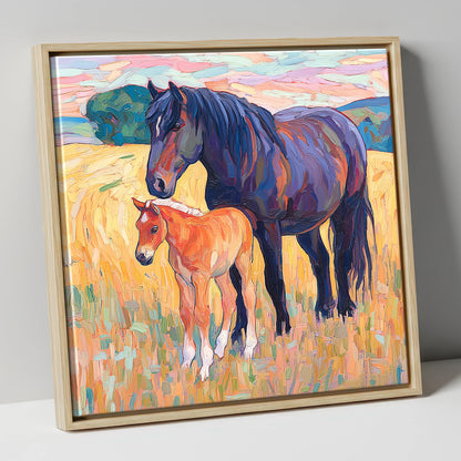 Vibrant Bond Mare and Foal mare & foal canvas wall art in natural frame