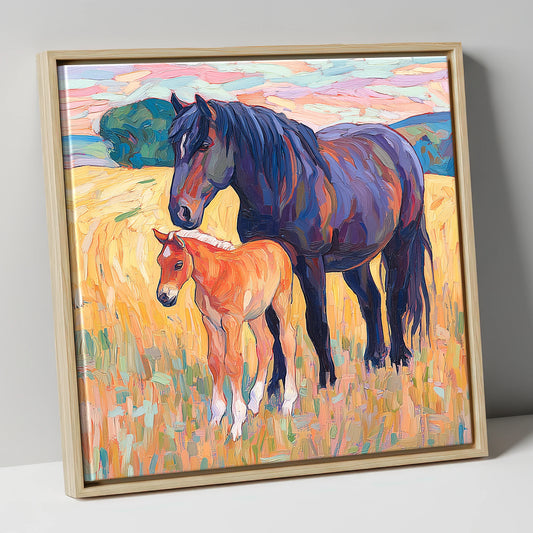 Vibrant Bond Mare and Foal mare & foal canvas wall art in natural frame
