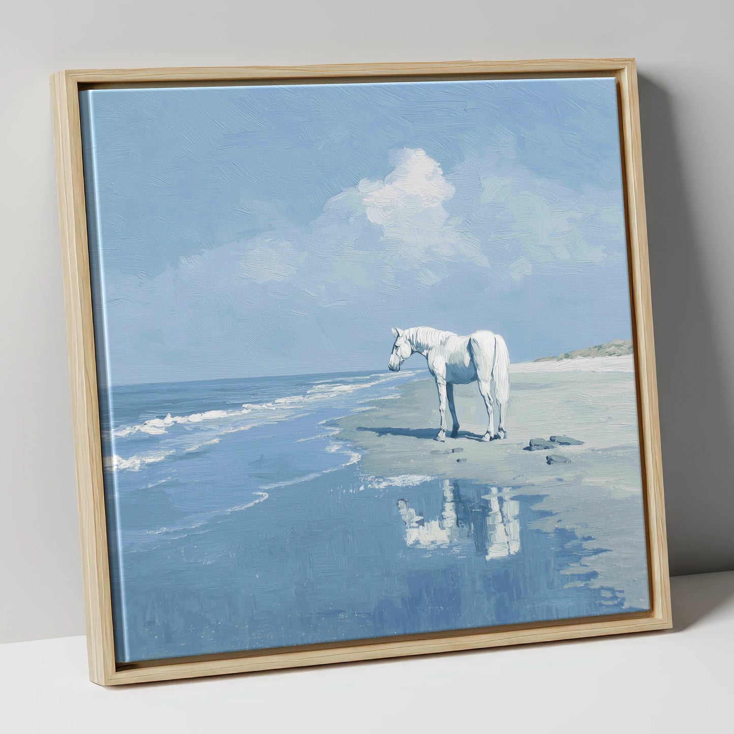 Reflections at Ebb Tide horse landscape canvas wall art in natural frame