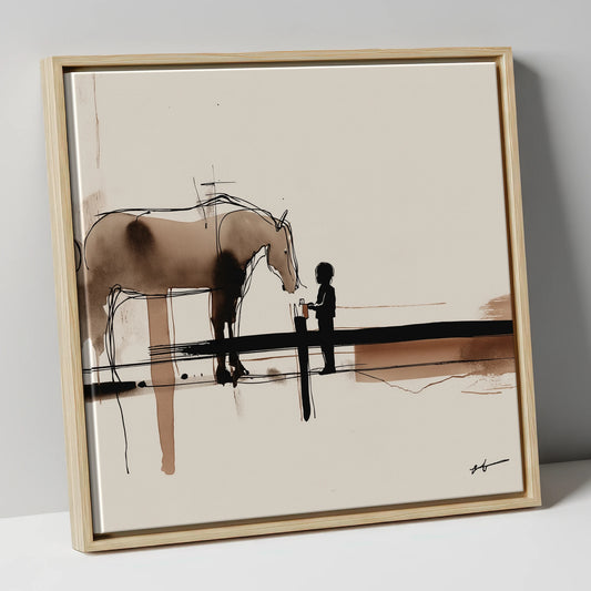 A Gentle Encounter horse & rider canvas wall art in natural frame