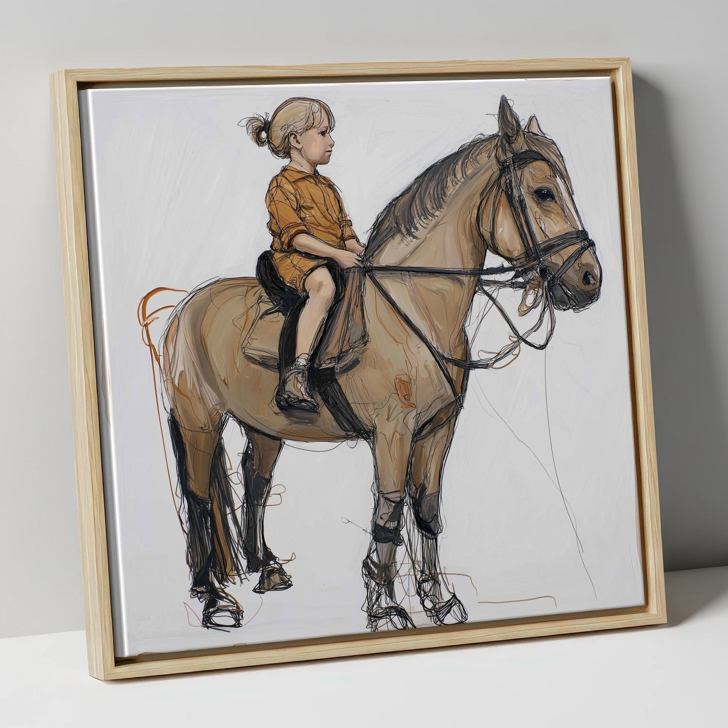 First Lessons horse & rider canvas wall art in natural frame