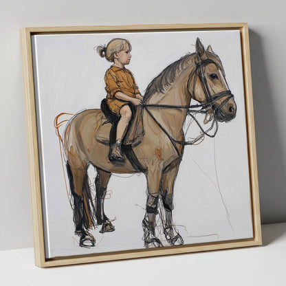 First Lessons horse & rider canvas wall art in natural frame