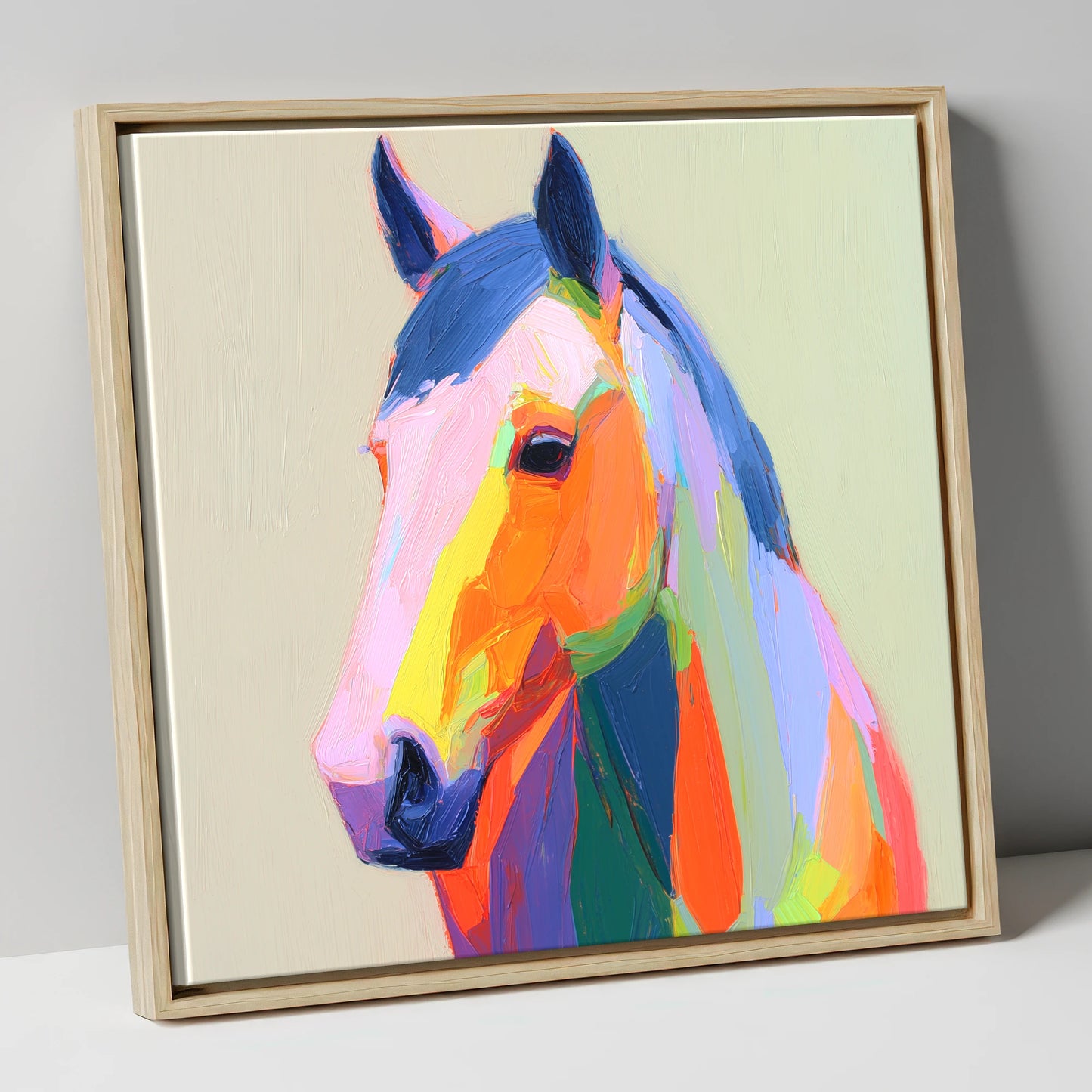 Vivid Technicolour Spirit horse portrait canvas wall art in natural frame