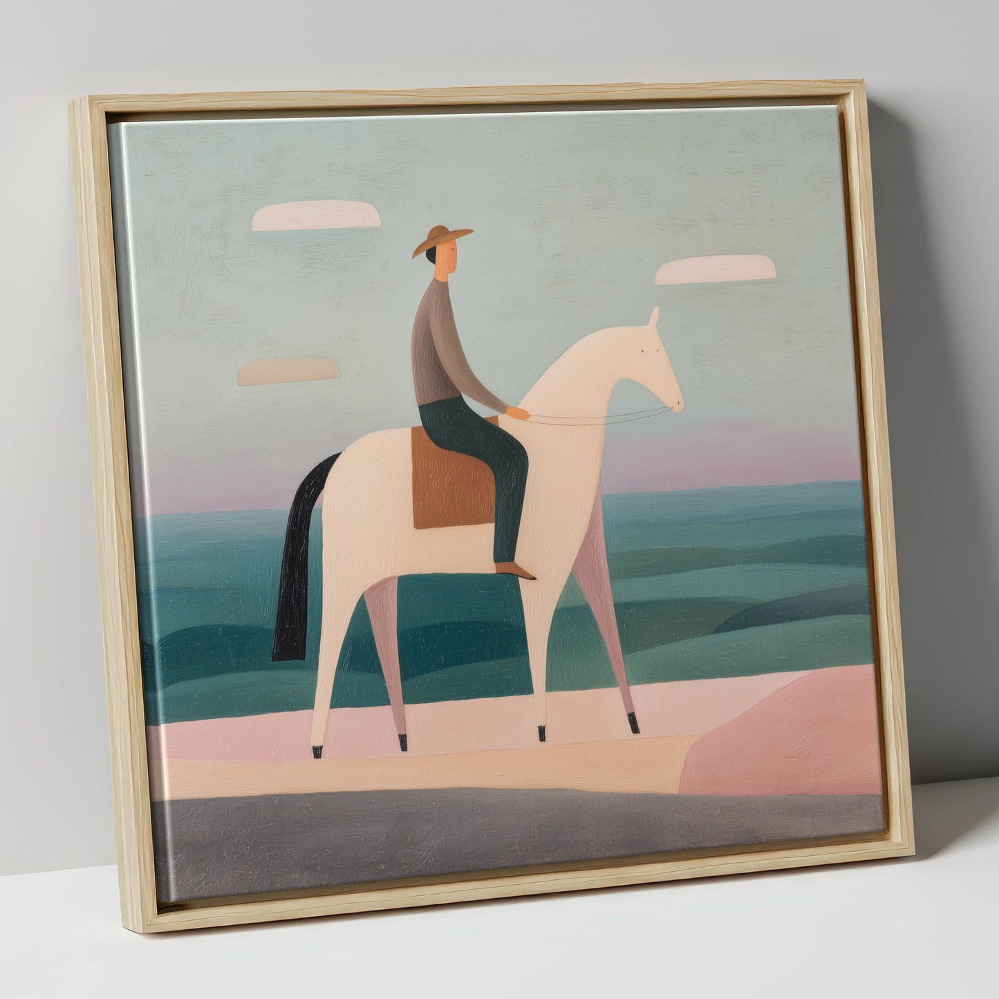Minimalist Coastal Rider beach horse canvas wall art in natural frame