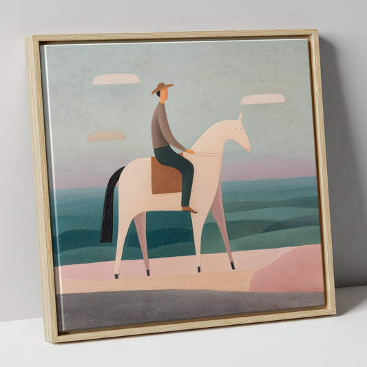 Minimalist Coastal Rider beach horse canvas wall art in natural frame