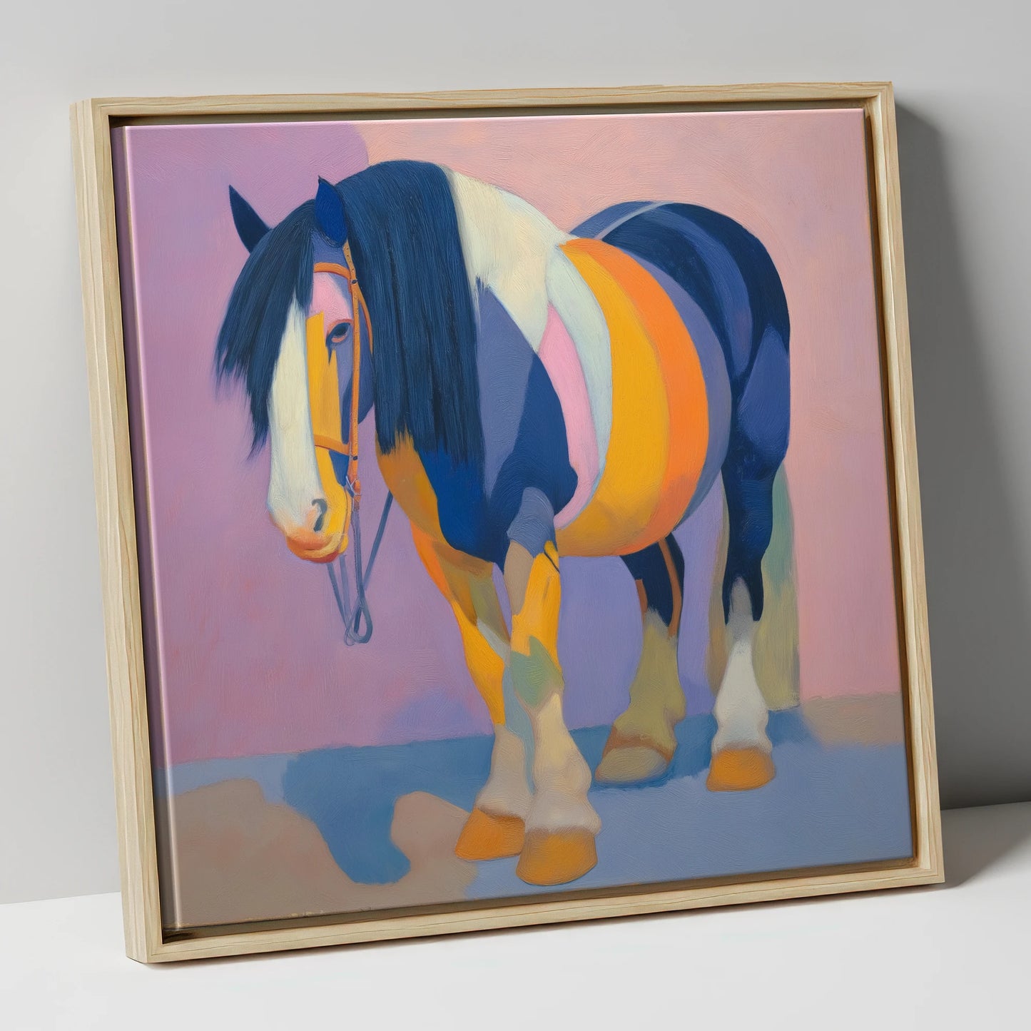 Vibrant Indigo Cob horse breed canvas wall art in natural frame