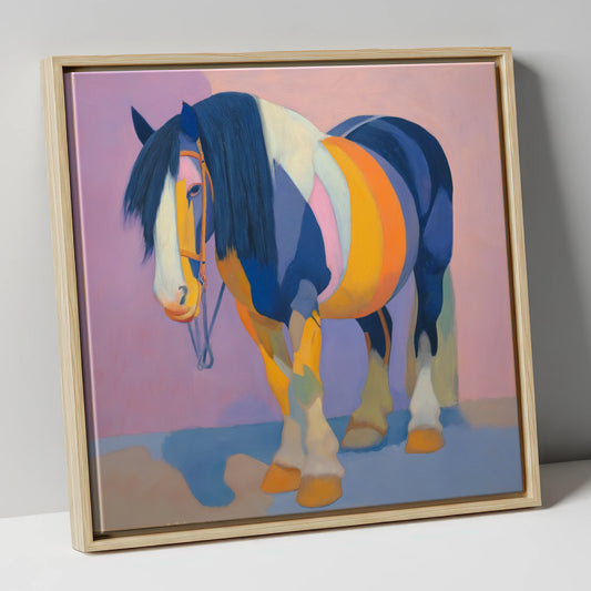 Vibrant Indigo Cob horse breed canvas wall art in natural frame