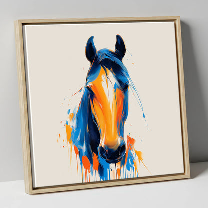 Cobalt and Sienna Spirit horse portrait canvas wall art in natural frame