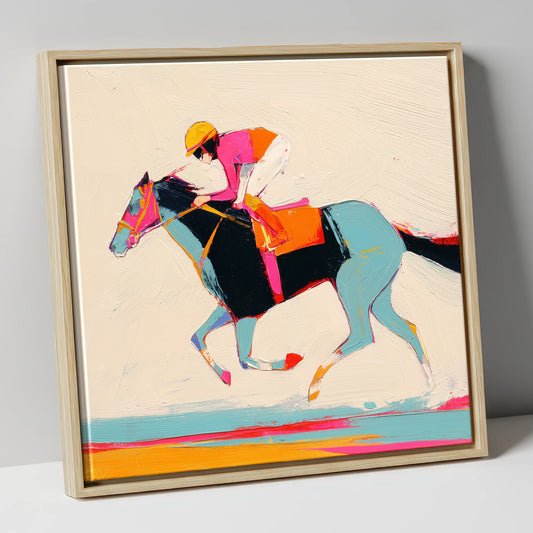 Technicolour Gallop racing horse canvas wall art in natural frame