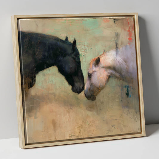 Silent Greeting horse portrait canvas wall art in natural frame