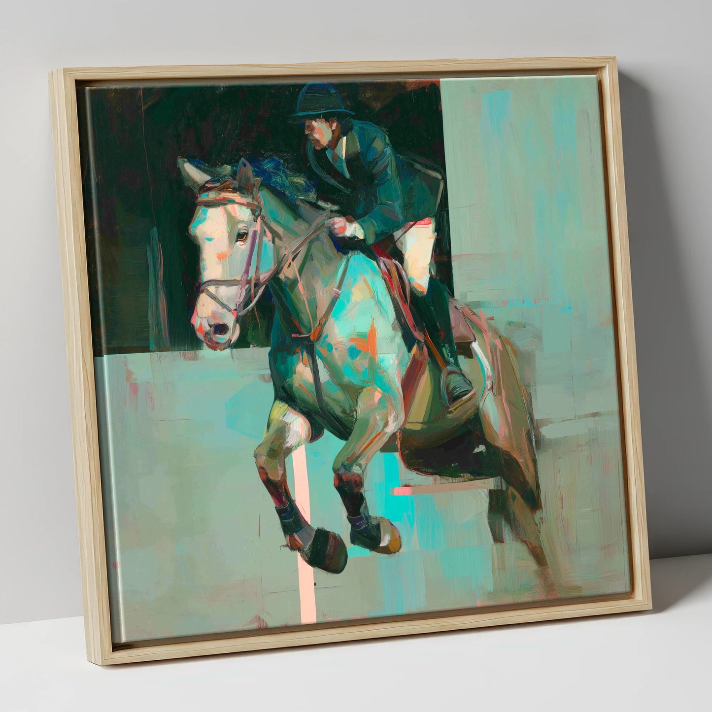 Suspended in Colour show jumping horse canvas wall art in natural frame