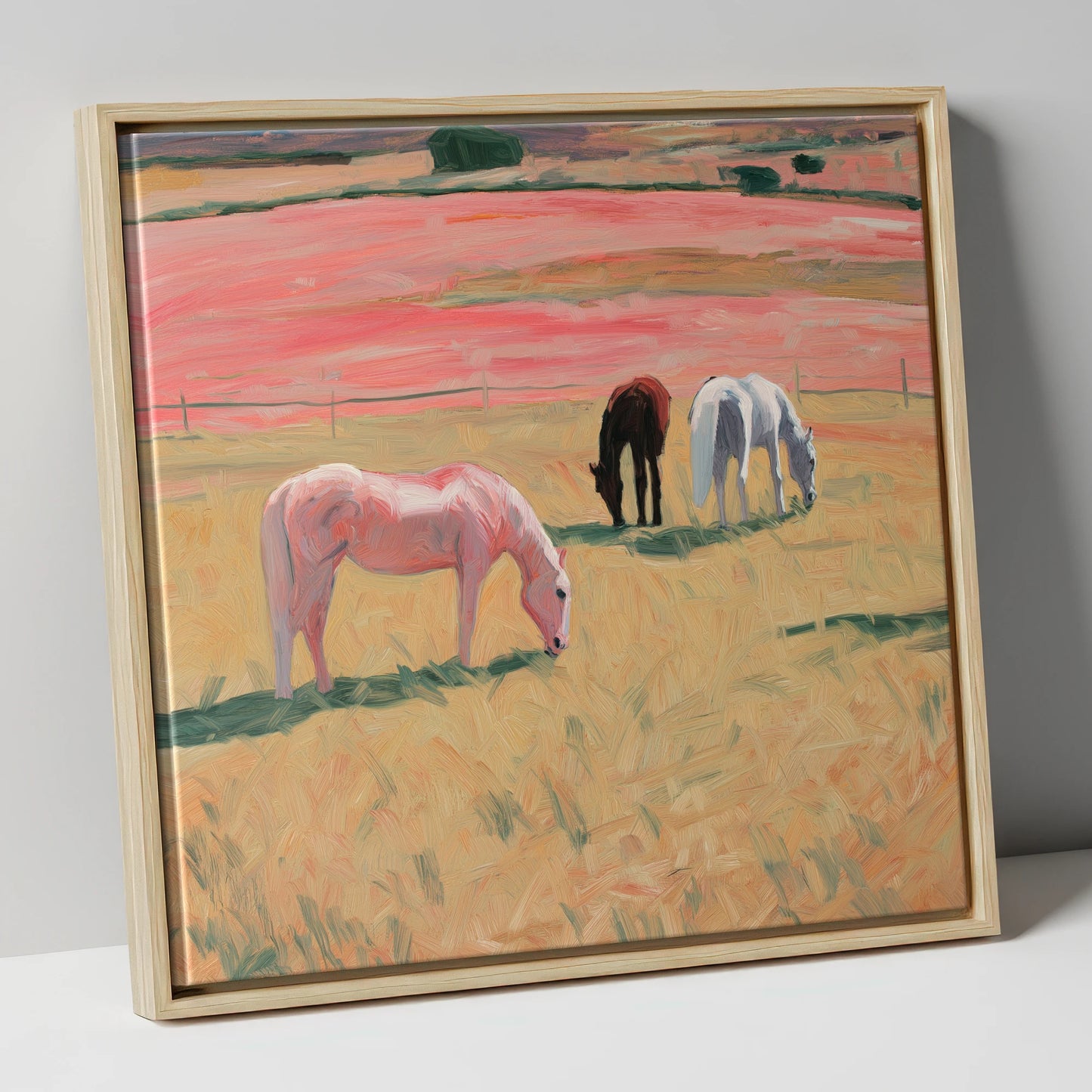 Dusky Meadow Grazing horse landscape canvas wall art in natural frame
