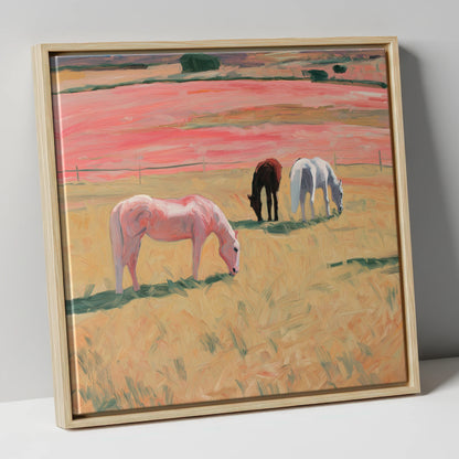 Dusky Meadow Grazing horse landscape canvas wall art in natural frame