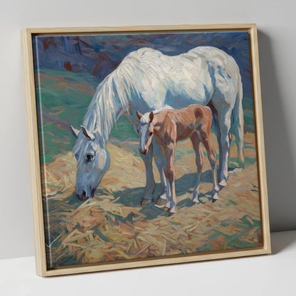 Sunlit Grey and Foal mare & foal canvas wall art in natural frame