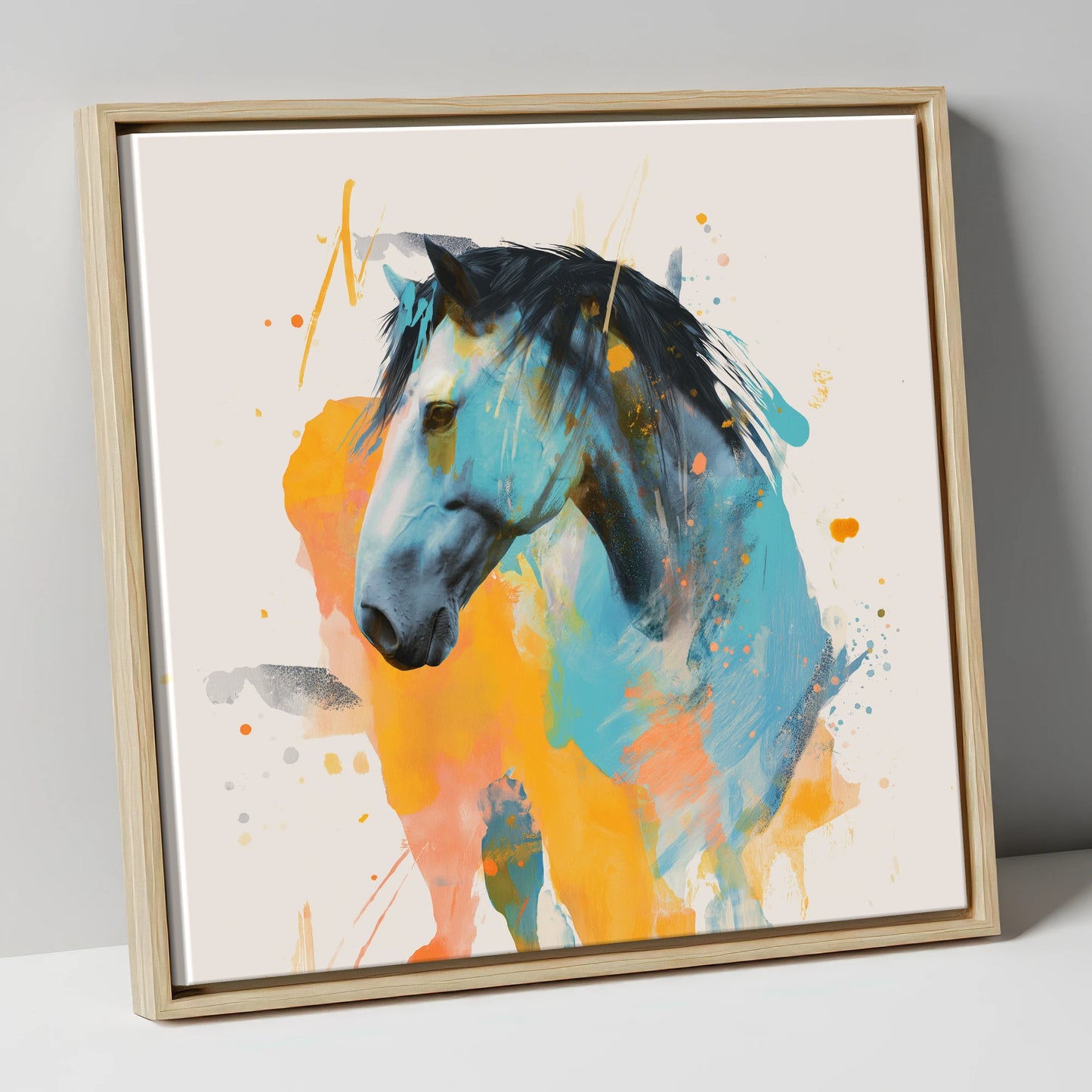 Azure Spirit horse portrait canvas wall art in natural frame