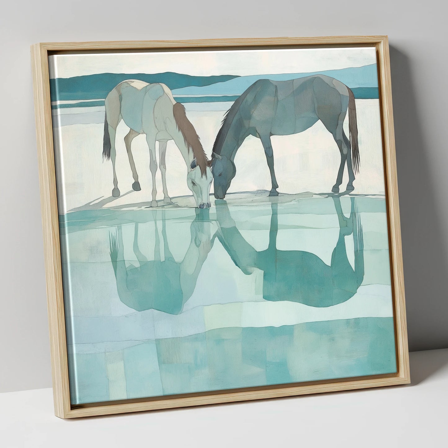 Mirrored Serenity wild horses canvas wall art in natural frame