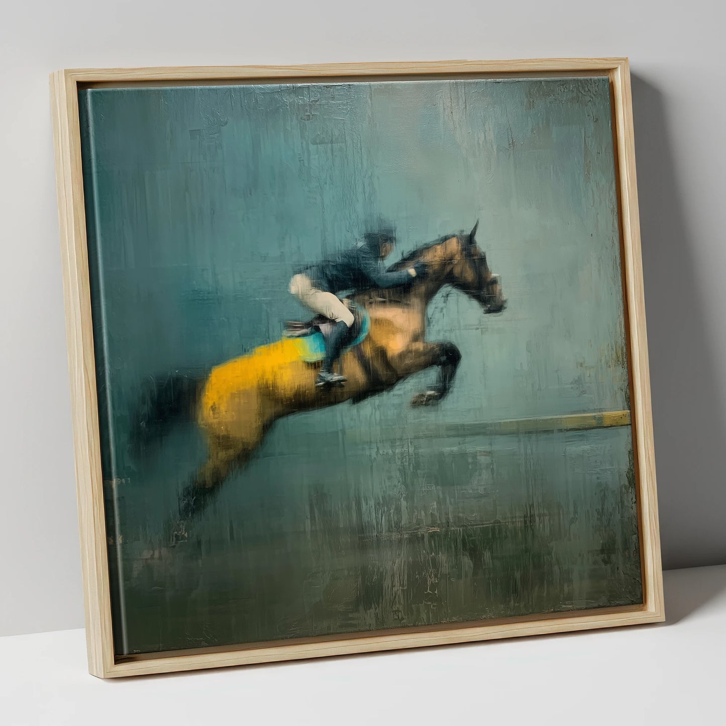 Suspended Energy show jumping horse canvas wall art in natural frame