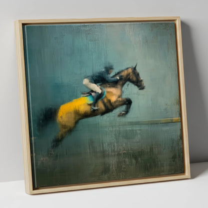 Suspended Energy show jumping horse canvas wall art in natural frame