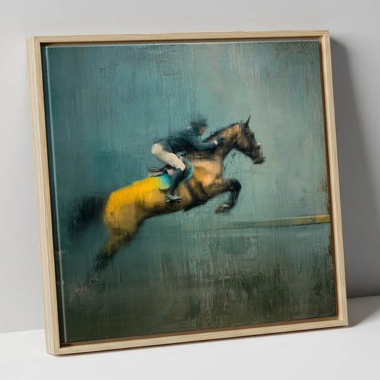 Suspended Energy show jumping horse canvas wall art in natural frame