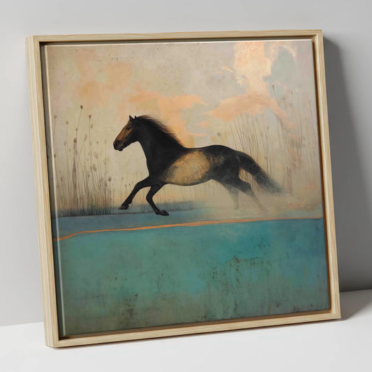 Gilded Horizon Canter horse landscape canvas wall art in natural frame