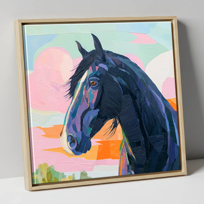 Vivid Midnight Profile horse breed canvas wall art in natural frame