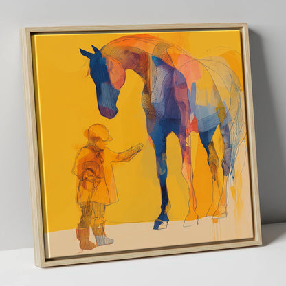 First Encounter in Gold horse & rider canvas wall art in natural frame