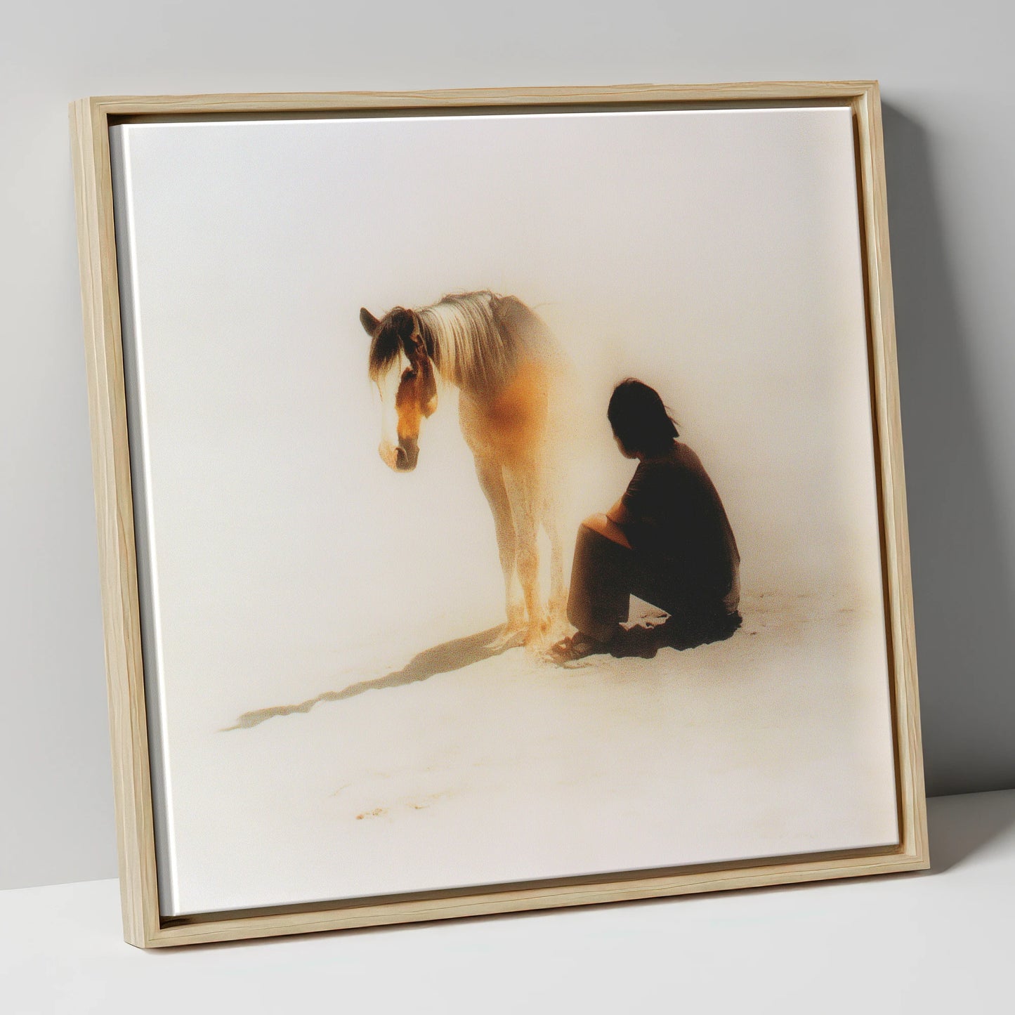 Quiet Presence horse & rider canvas wall art in natural frame