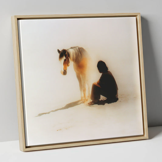 Quiet Presence horse & rider canvas wall art in natural frame