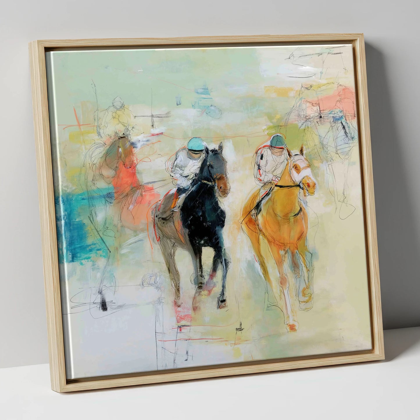 Thundering Strides racing horse canvas wall art in natural frame