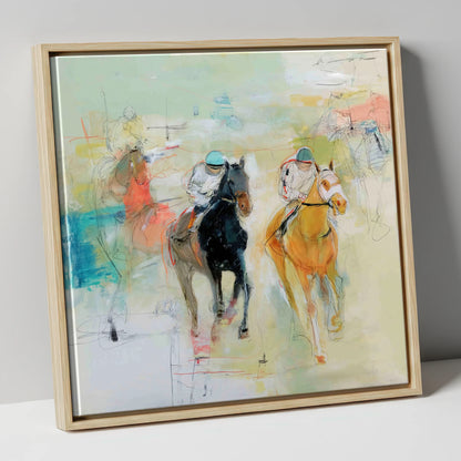Thundering Strides racing horse canvas wall art in natural frame