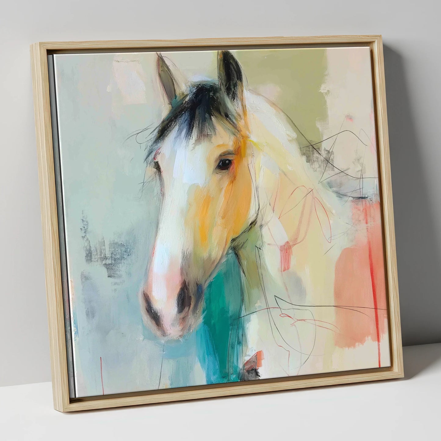Quiet Grace in Ochre horse portrait canvas wall art in natural frame