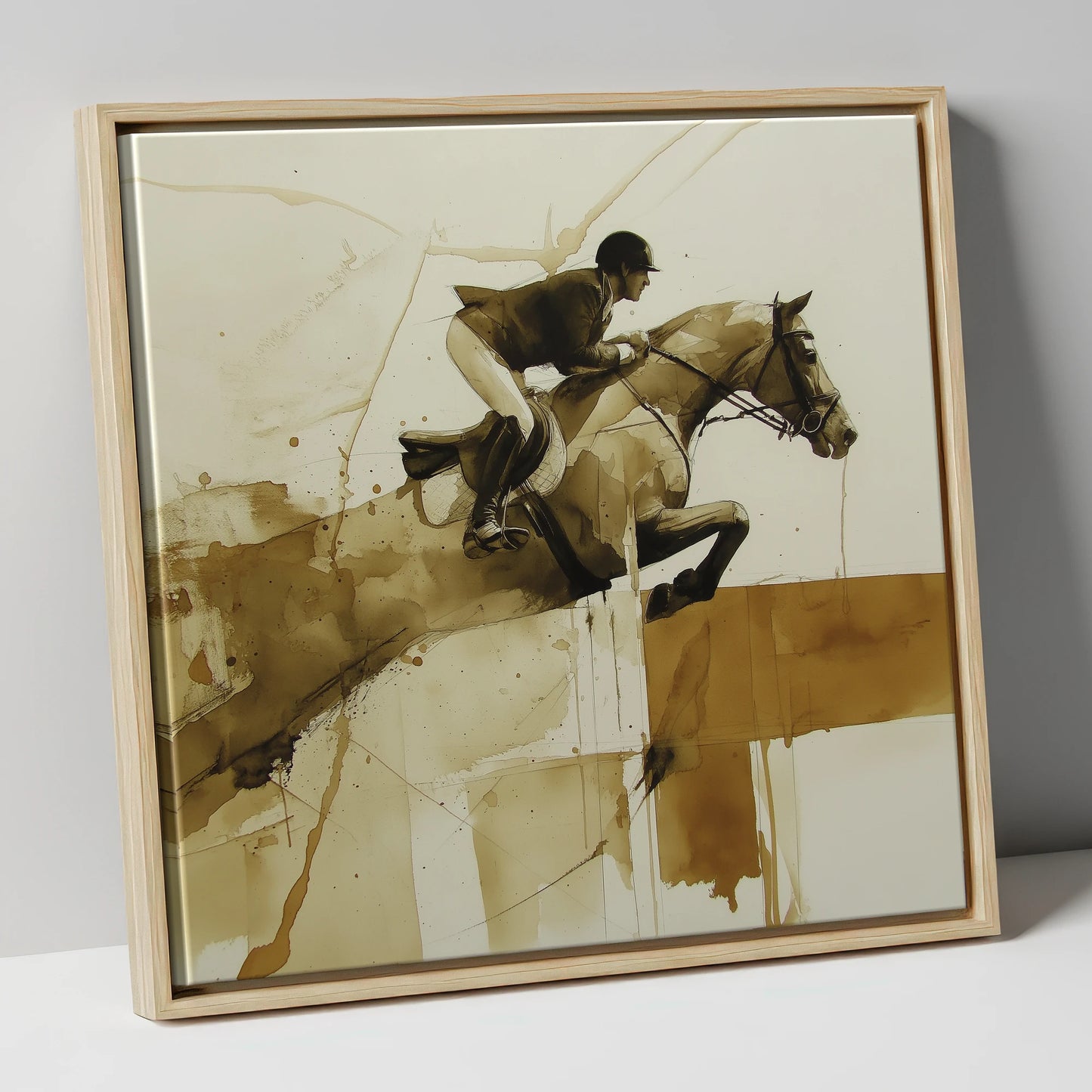 Fluidity in Flight show jumping horse canvas wall art in natural frame