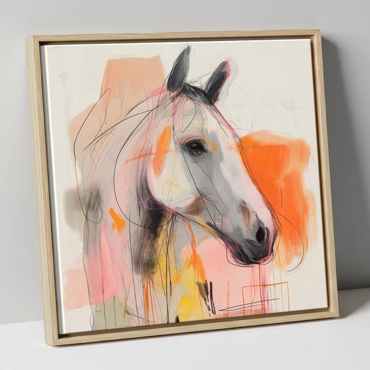 Vibrant Grey Spirit horse portrait canvas wall art in natural frame