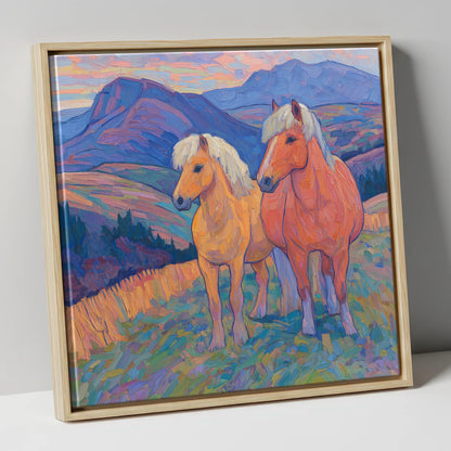 Highland Fjord Companions horse landscape canvas wall art in natural frame