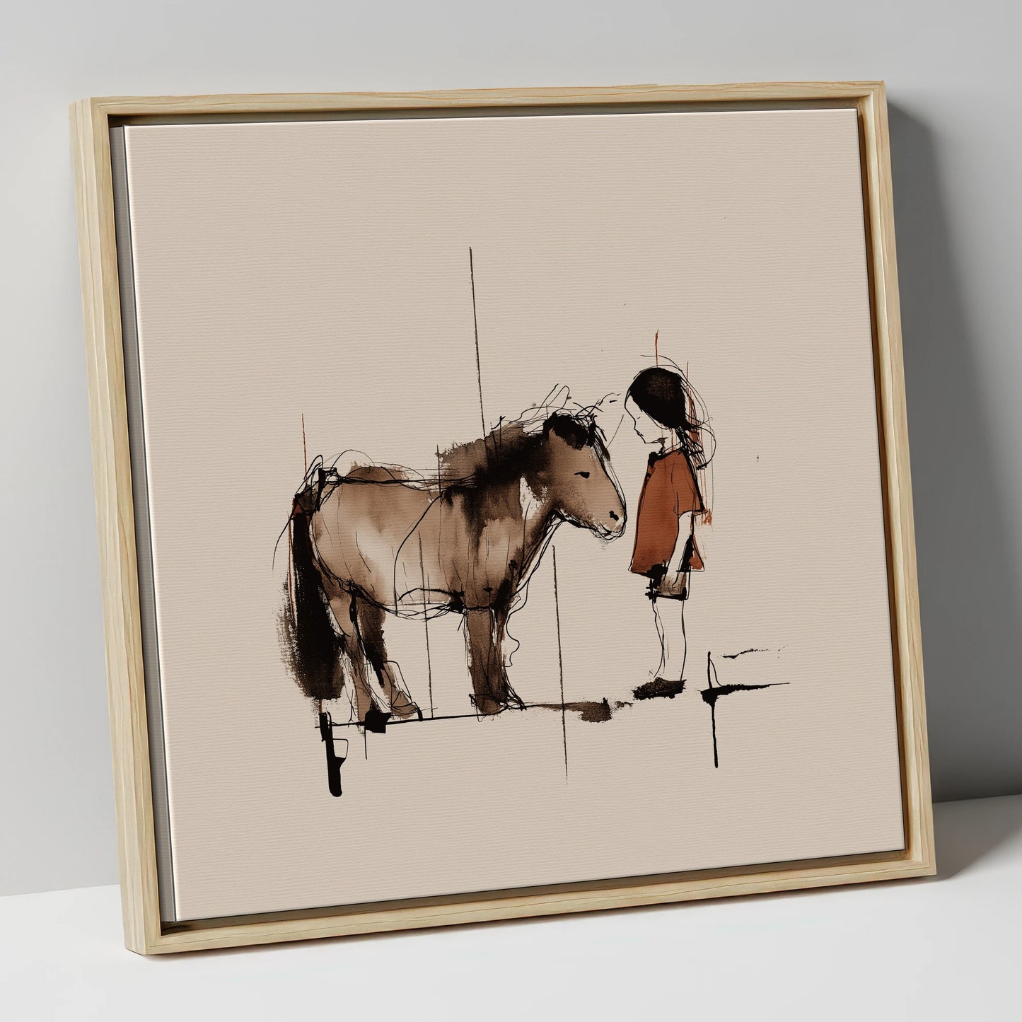 Silent Understanding horse & rider canvas wall art in natural frame