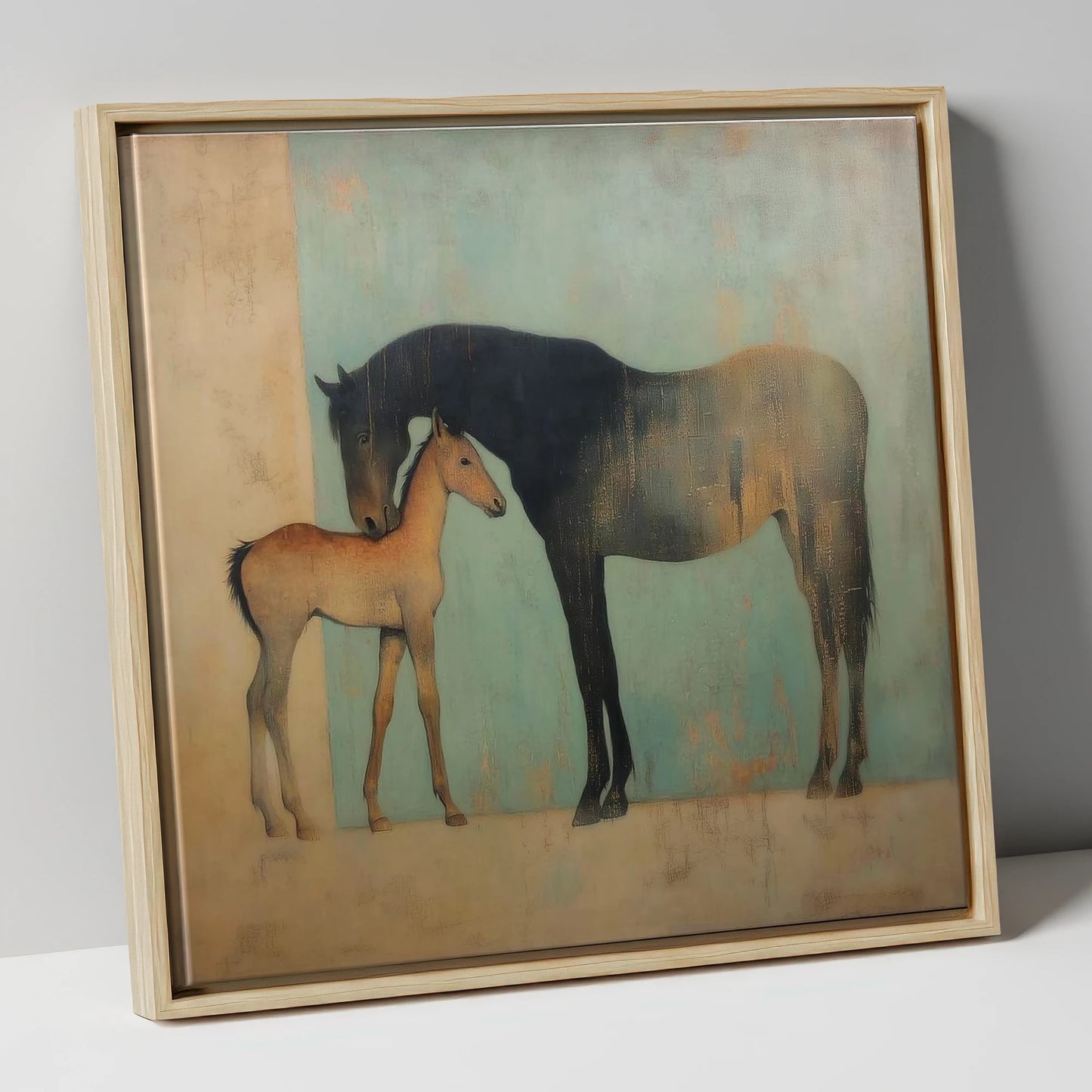 A Golden Bond mare & foal canvas wall art in natural frame